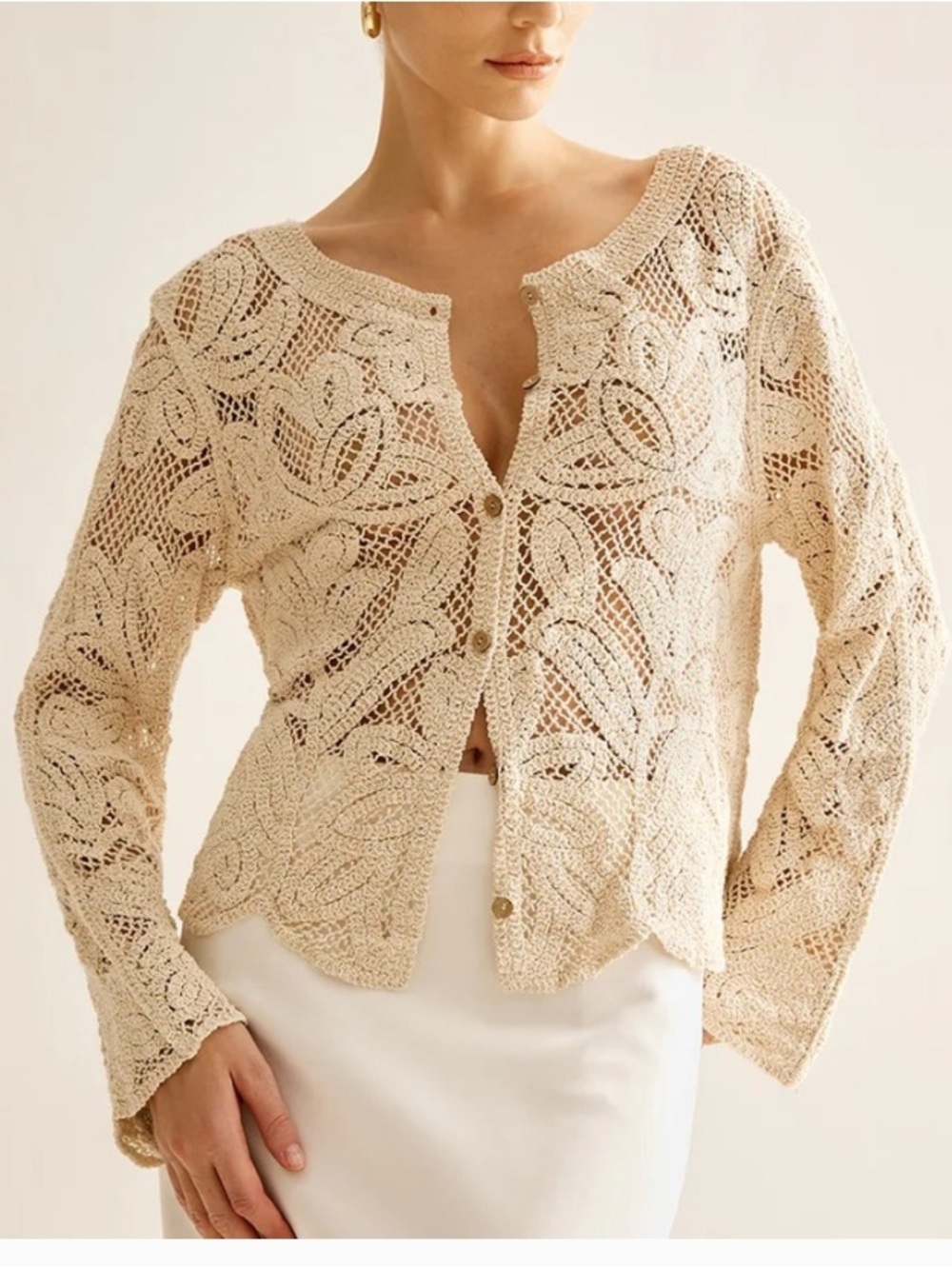 Source Unknown Cream Crochet Floral Openwork Cardigan SMALL